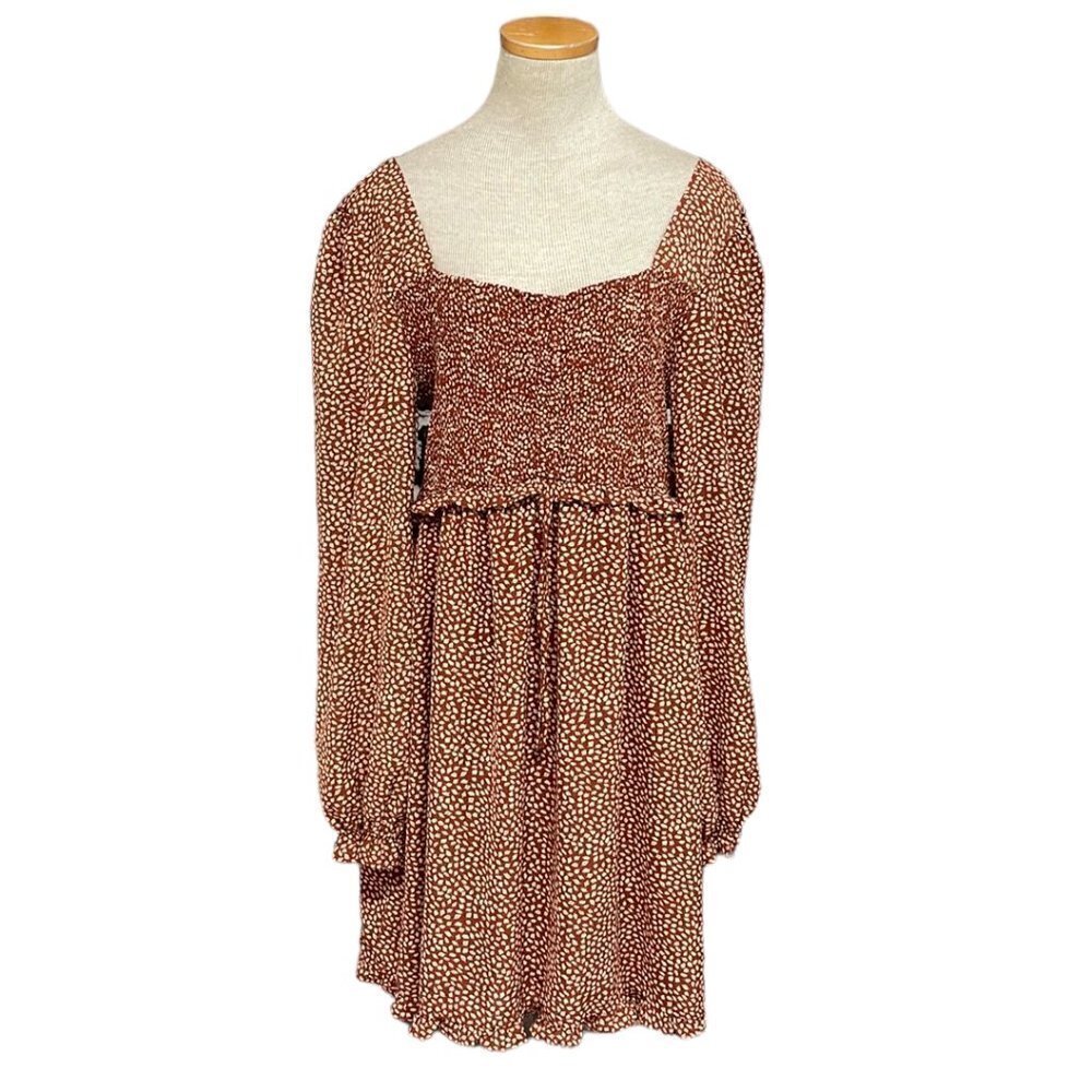 She + Sky Cinnamon Toast Dress NWT Square Neck Shirred Long Sleeve Brown Large L